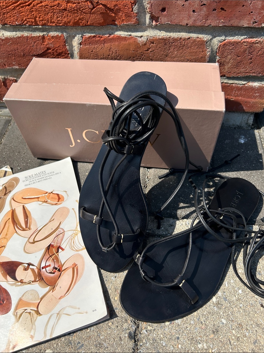 NIB J. Crew Black Leather Lace-Up Flat Sandals